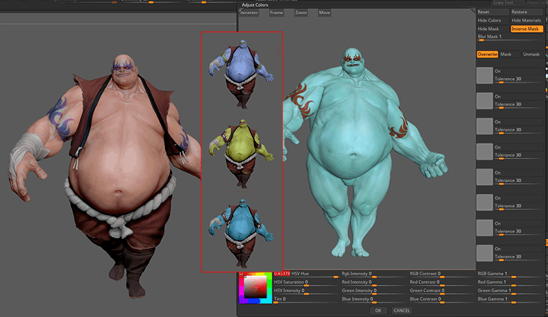 ZBrush-Adjust Colors（カラーの調整）の使い方。ポリペイントとテクスチャマップのカラー変更