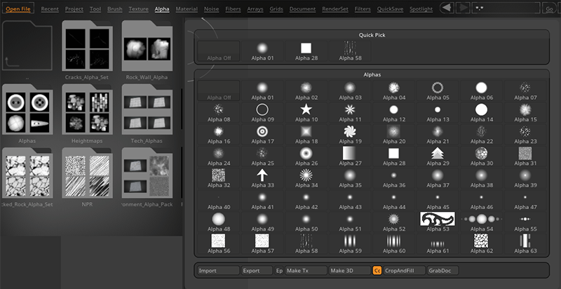 ZBrush-アルファのAlphaパレットへの追加方法とLightBoxへの追加方法