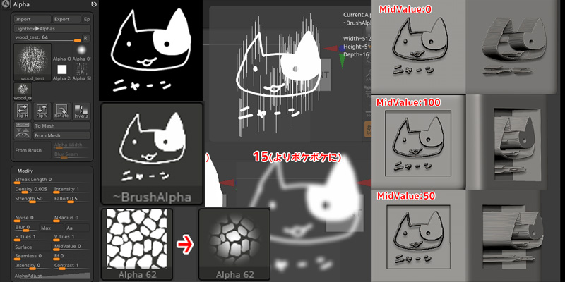 【ZBrush】Alpha（アルファ）画像の編集方法-AlphaとModifyの各設定