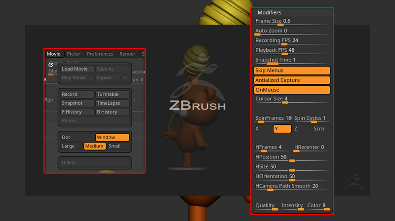 ZBrush-動画を調整したい！Movie（ムービー）とModifiers（モディファイア）の各設定