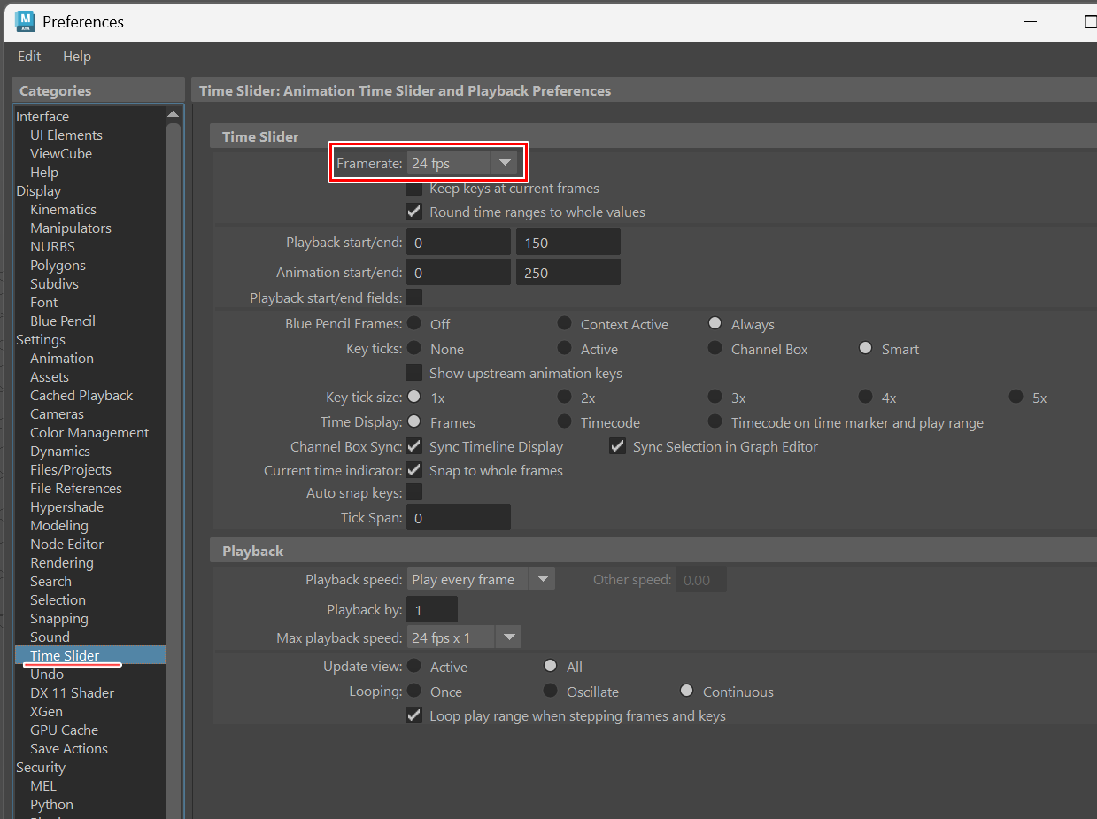 Maya Time Slider setting