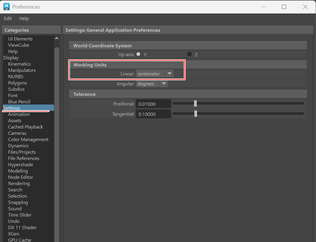 Maya Working Units setting